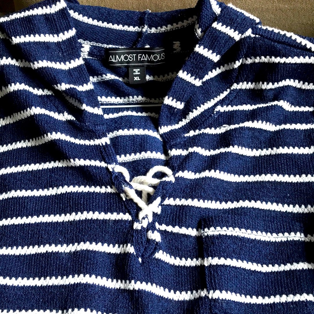 Navy & White Stripe Nautical Rope Tie Front 3/4 Sleeves Top